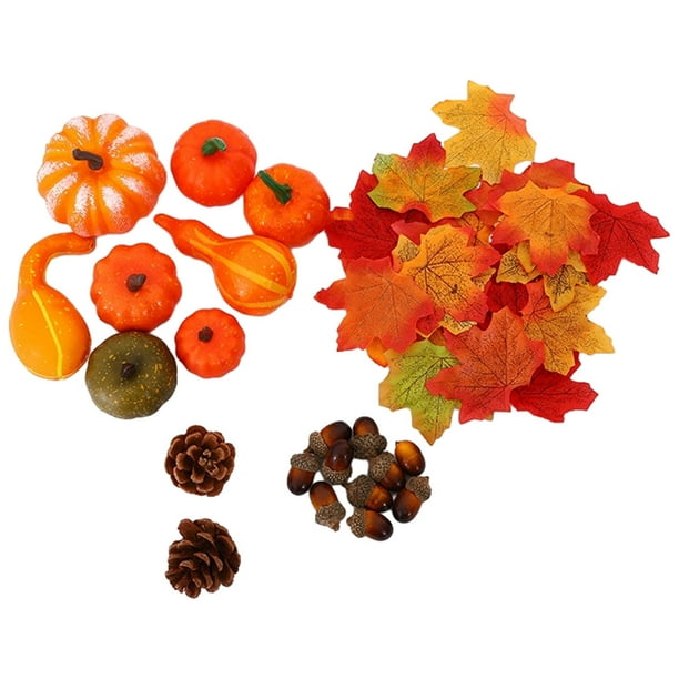 Juego de 50 calabazas artificiales Laklulu para Acción de Gracias, Halloween, otoño, cosecha, decoraciones para el hogar, hojas de arce falsas y piñas