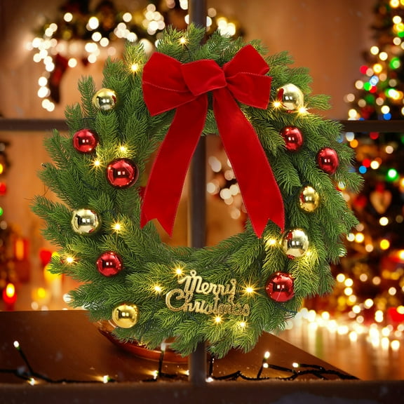24" Pre-Lit Christmas Wreath with 20 LED Lights & Red Bow - Battery Operated Door Decor, 8 Lighting Modes, Easy Storage Garland for Fireplace, Porch, Window