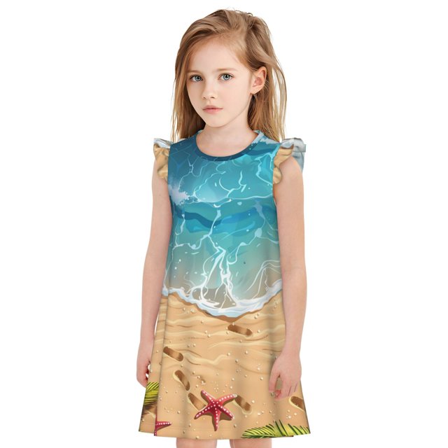 Balery Tropical Beach With Starfish Camisón de princesa para niñas, pijama de algodón con mangas abullonadas, suave y bonito.-Medium