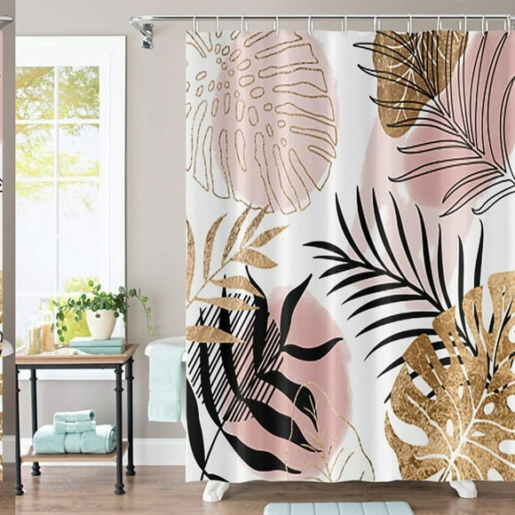 Mid Century Boho Palm Leaves Shower Curtain - Modern Geometric Botanical Pink Gold Aesthetic Bathroom Decor for Women - Minimalist 72x72 Inches with 12 Hooks