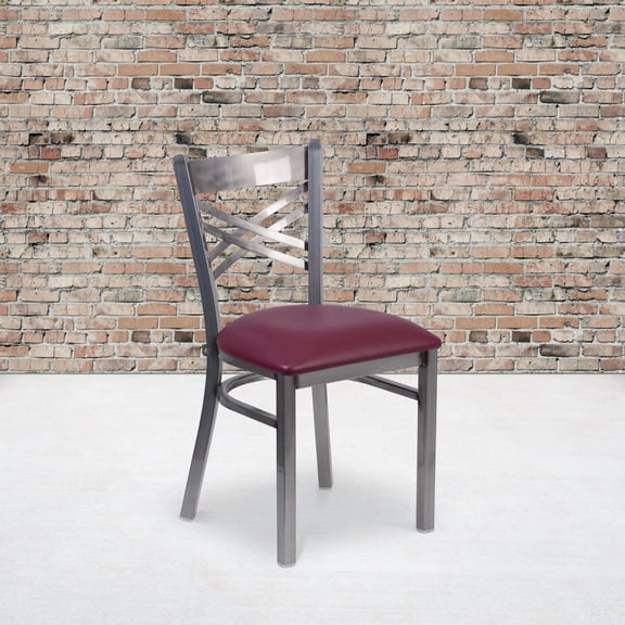 Emma Oliver 2 Pack Clear Coated "X" Back Metal Restaurant Chair - Burgundy Vinyl Seat