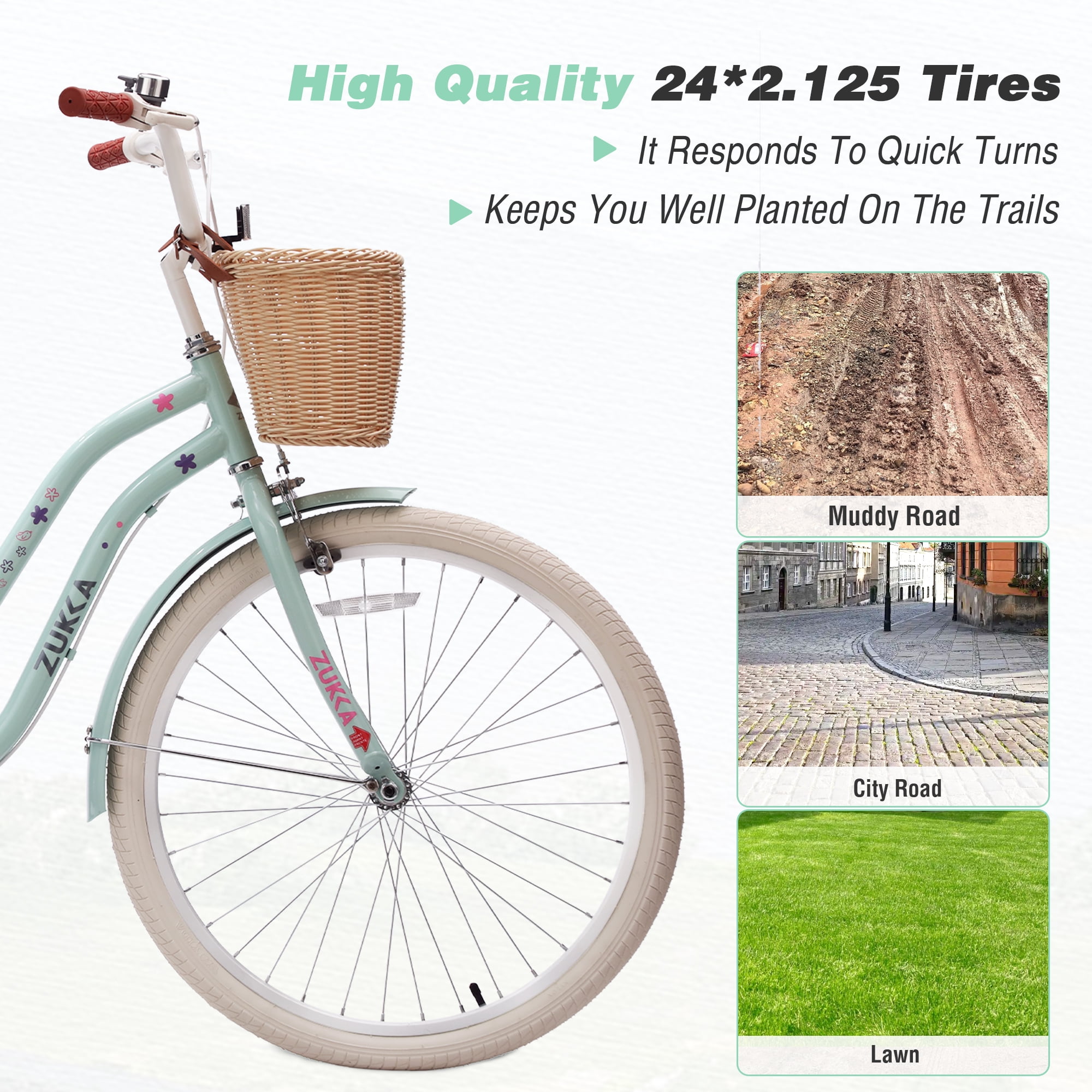 24 Inch Cruiser Bike for Girls, Single Speed Commuter Bicycle with Wicker Basket & Rear Rack, High Carbon Steel Frame Comfort City Bike for Outdoor Riding