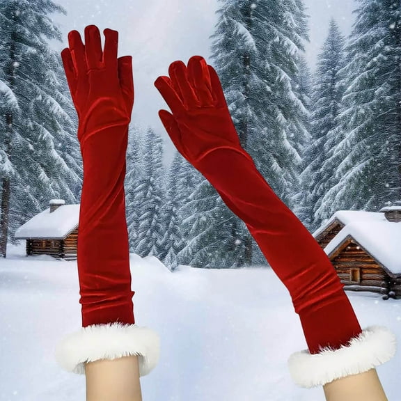 SYMOID Womens Wine Red Velvet Long Gloves - 17.7 Inch Mrs. Claus Style with White Fluffy Cuffs, Festive Holiday Party Gloves for Female (One Size Fits Most),Size Free Size