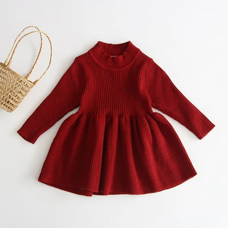 

Newborn Baby Girls Knit Dress Solid Color Round Neck Long Sleeves Knee-Length Ruffle Sweater Dress for Autumn Winter