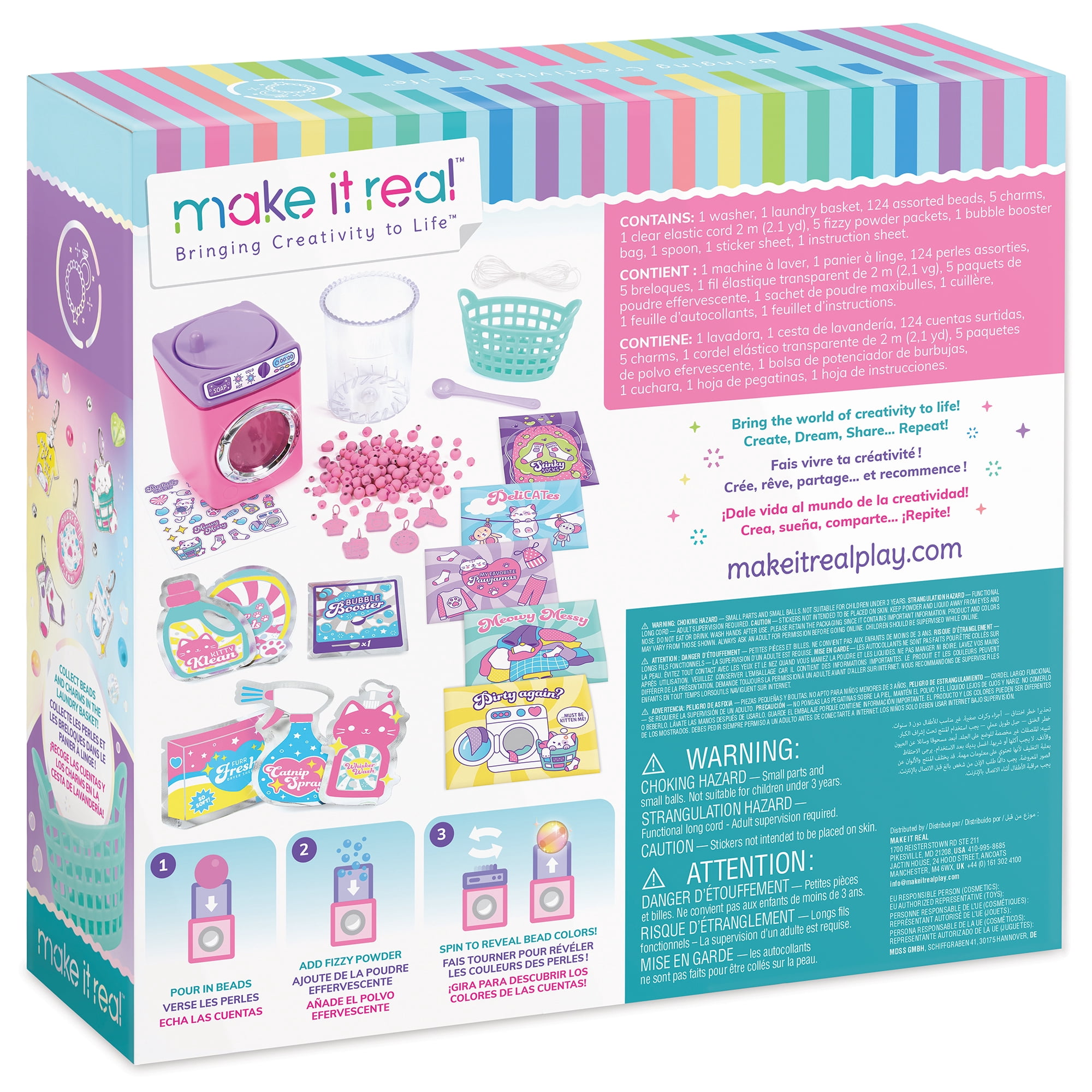 Make It Real: Purr-fect Wash 'N Bead Bracelets - 141pc, DIY Jewelry Craft Kit, Design-Make 5 Charm Bracelets, Spin To Style, Bead Cleaning, Kids 8+