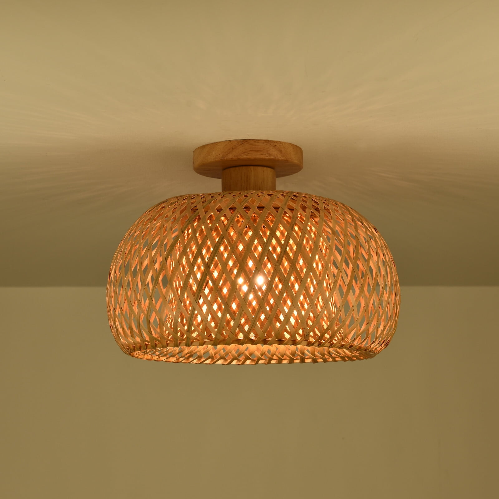 Semicircle Vintage Bamboo Wicker Rattan Shade Pendant Light Study Bedroom Hanging Ceiling Lamp Fixture