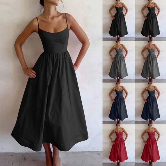HBBIKVI Spaghetti Strap Midi Dress for Women Summer Sleeveless A-Line Dress with Scoop Neckline,Fitted Bodice,and Full Flared Skirt for Elegant Vacation Style