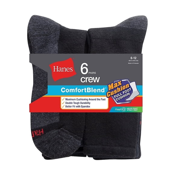 Hanes Men's Breathable Cushion Cotton Blend Crew Socks, Black (6-Pack)