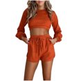 thumbnail image 2 of ICHUANYI Clearance Fall Fashion Women Long Sleeve Midriff-baring Round-Neck Blouses Shirts Tie Elastic Waist Pocket Shorts ICHUANYI "ICHUANYI", 2 of 8