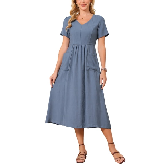 INSPIRE CHIC Women's Linen Dress Summer Short Sleeve V Neck Boho Sundress Casual Loose Flowy Beach Midi Dresses S Dusty Blue