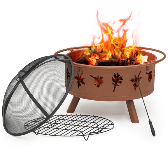 Magshion 32" Round Outdoor Fire Pit, Wood Burning Table Top Fire Bowl Pit Fireplace with Log Grate, Poker & Spark Screen for Patio Backyard, Brown