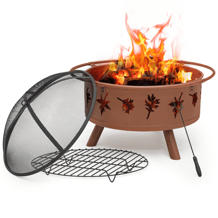 Magshion 32" Round Outdoor Fire Pit, Wood Burning Table Top Fire Bowl Pit Fireplace with Log Grate, Poker & Spark Screen for Patio Backyard, Brown