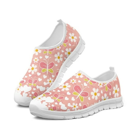 Women Flat Shoe Pink Butterfly Heart Flowers Lightweight Breathable Running Sneakers Breath Mesh Shoes Loafers