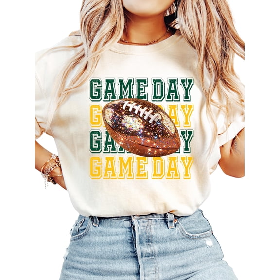Game Day Green and Yellow Shirt for Women and Teens Girly Faux Glitter Football Tee Ivory Shirt Adult 2X-Large