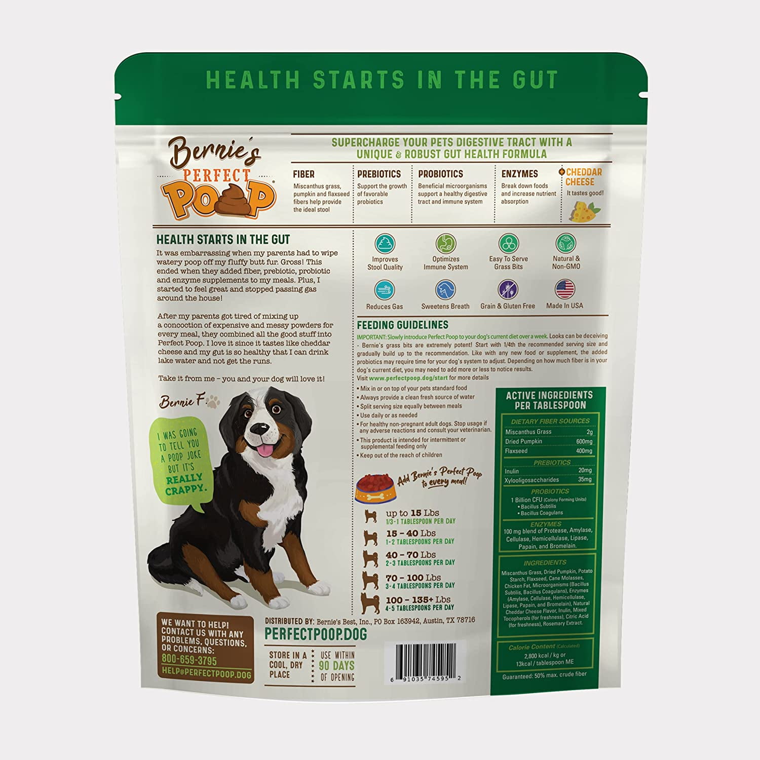 Bernie’s Perfect Poop Digestive Supplement for Dogs, 30 oz Cheddar, 4-in-1 Formula with Prebiotics, Probiotics, Fiber & Enzymes