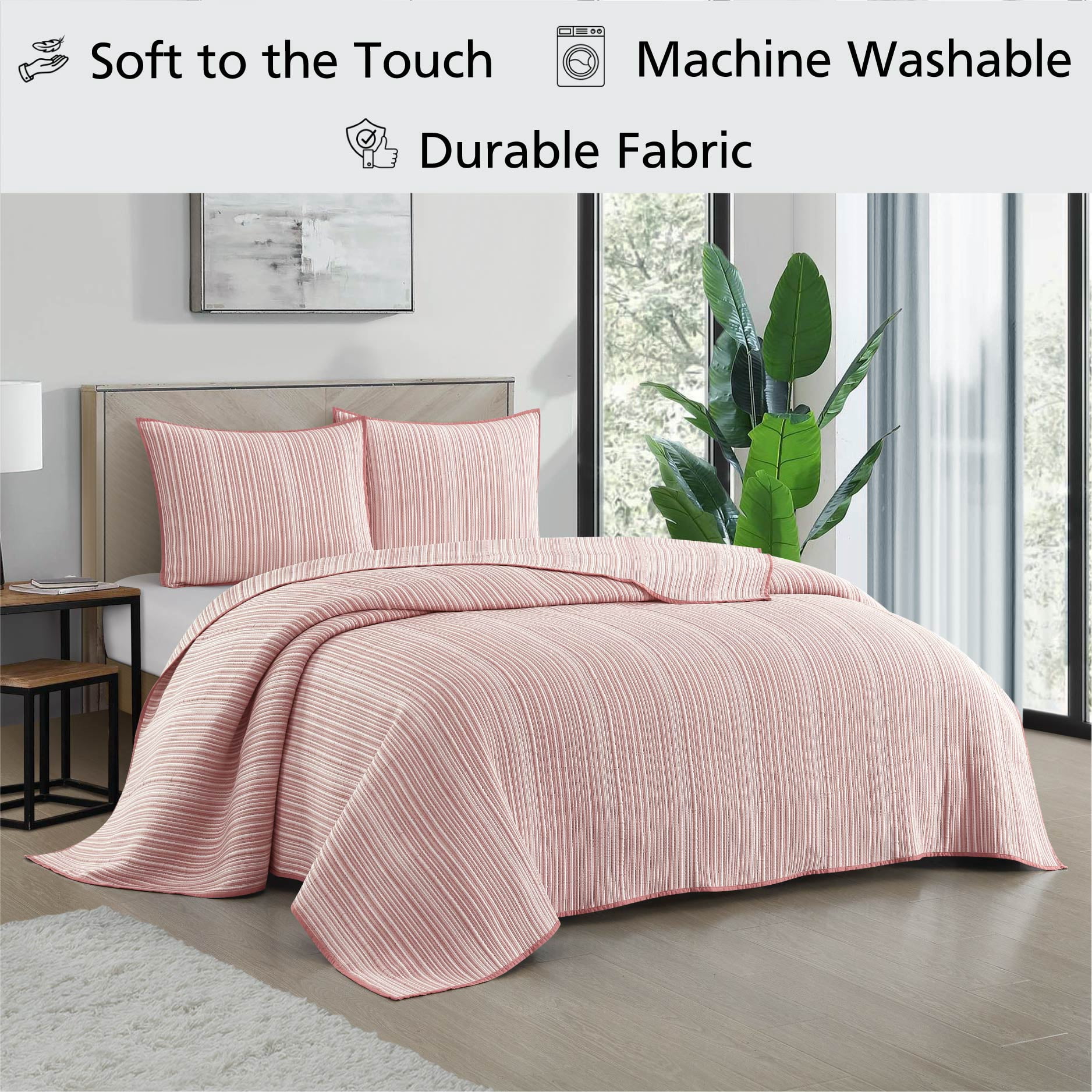 Mainstays Essentials Full/Queen Stripe Quilt, Red Rust Coverlet, Lightweight & Reversible Bedding