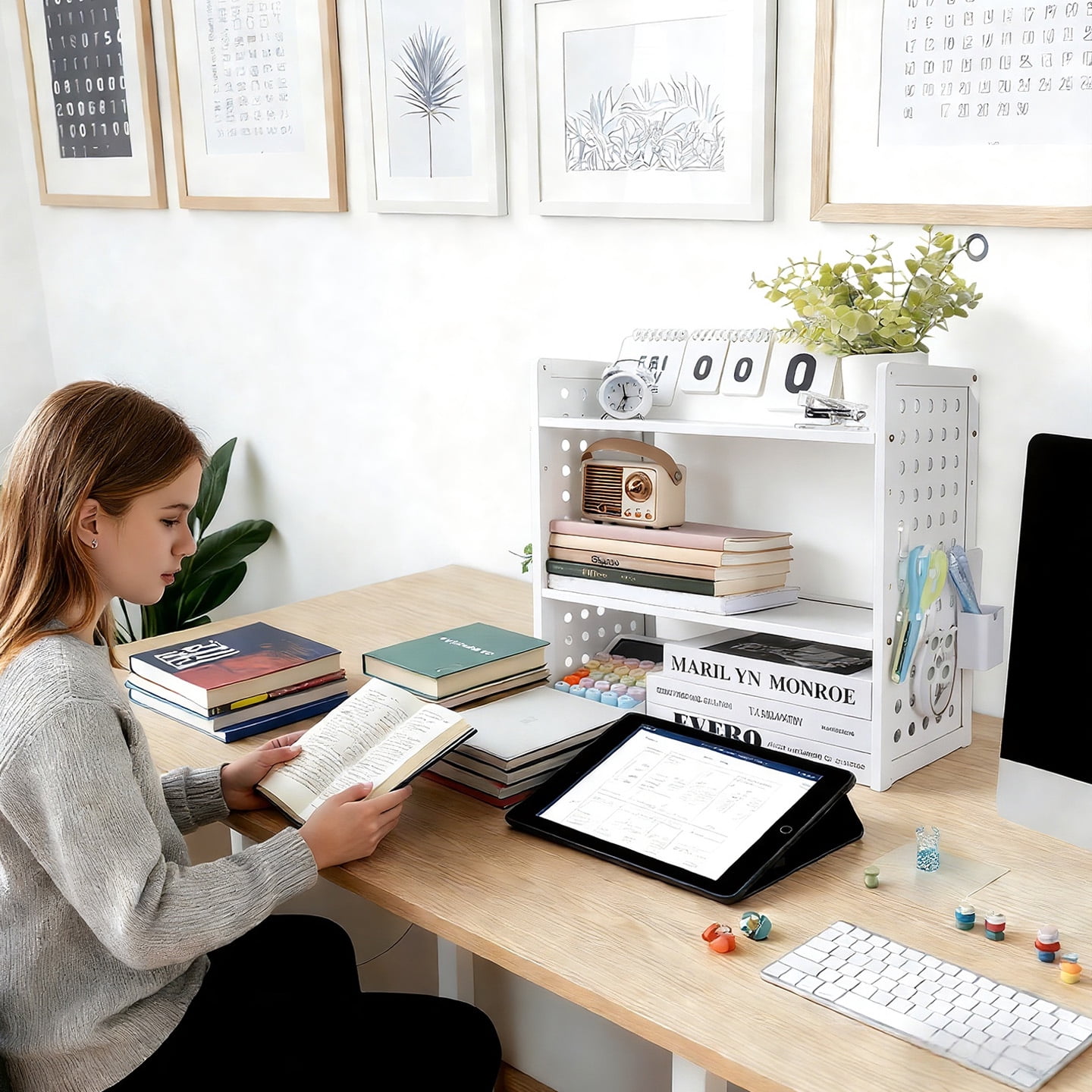 Marsrock  Clearance (White-2 Tier) Office Desk Shelf Organizer,Medium Density Fiberboard Desktop Bookshelf Supplies Storage Rack,Shelf for Top of Desk and Dresser