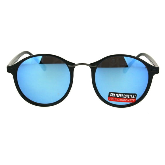 Mens Round Thin Plastic Retro Horn Rim Color Mirror Lens Sunglasses Black Blue