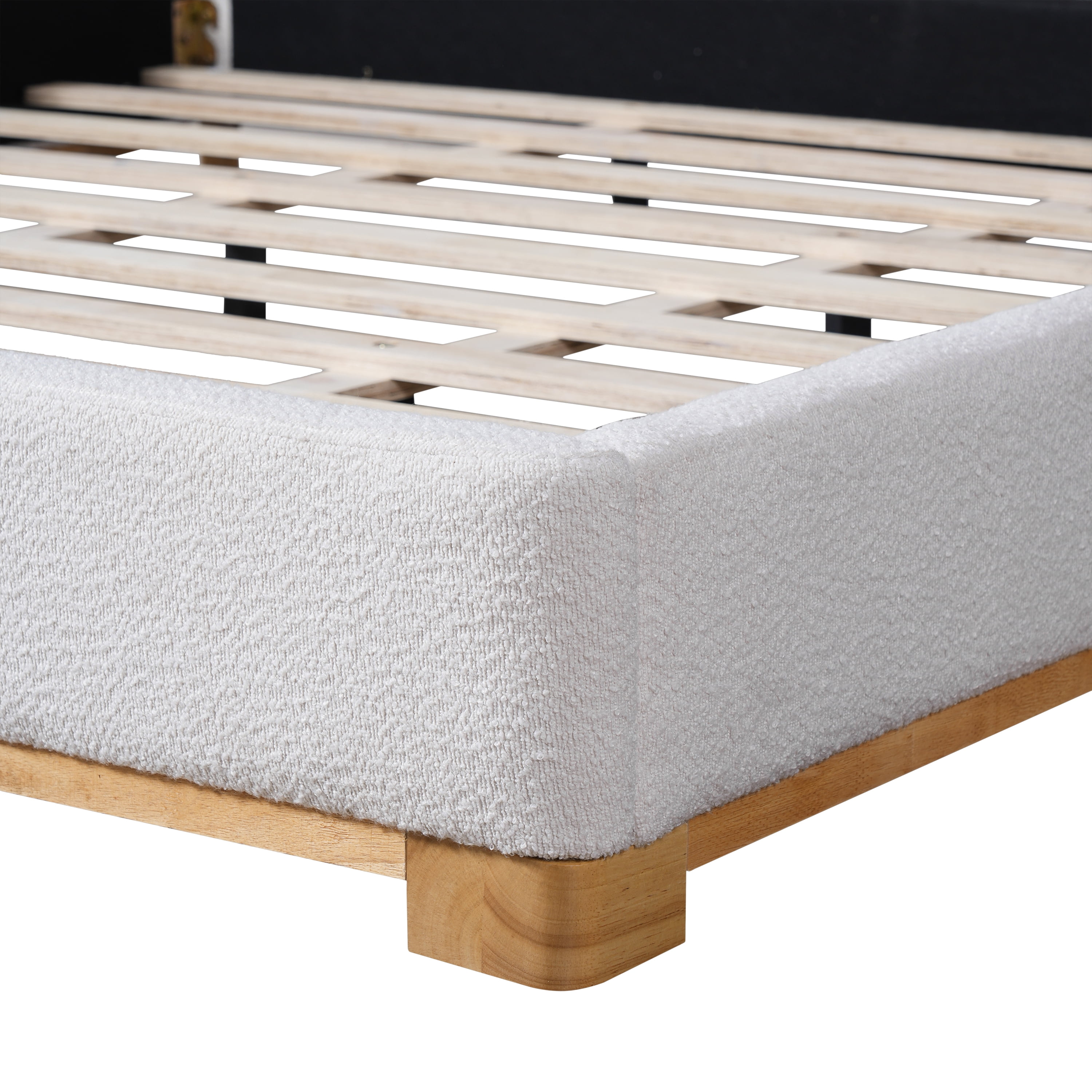 California King Size Bed Frame with Boucle Upholstered Curved Headboard & Solid Wood Base, Platform Bed for Bedroom, White