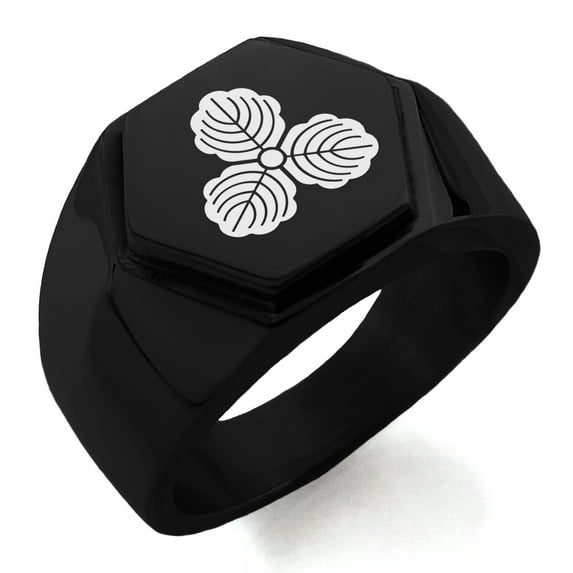 Stainless Steel Kasai Samurai Crest Engraved Hexagon Crest Flat Top Biker Style Polished Ring