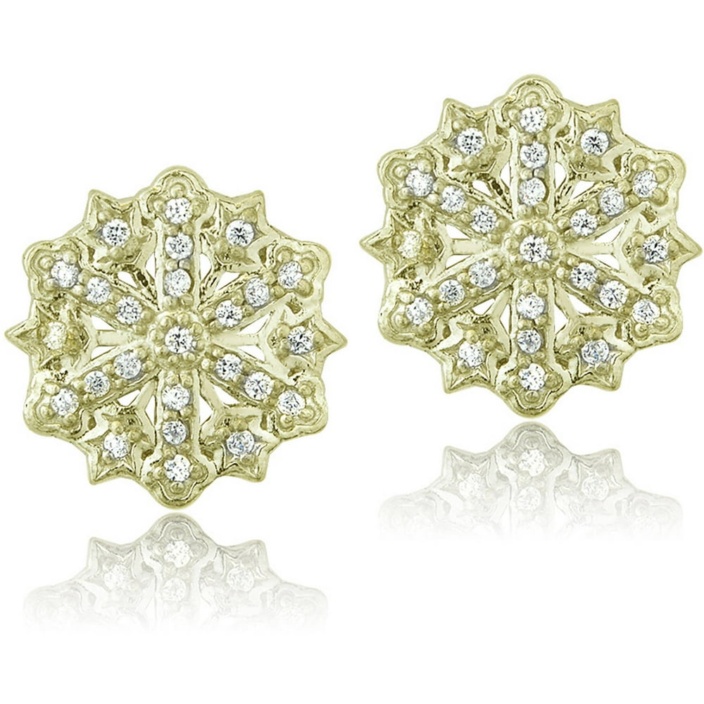 ONLINE CZ Yellow Gold Flashed Sterling Silver Snowflake Stud Earrings