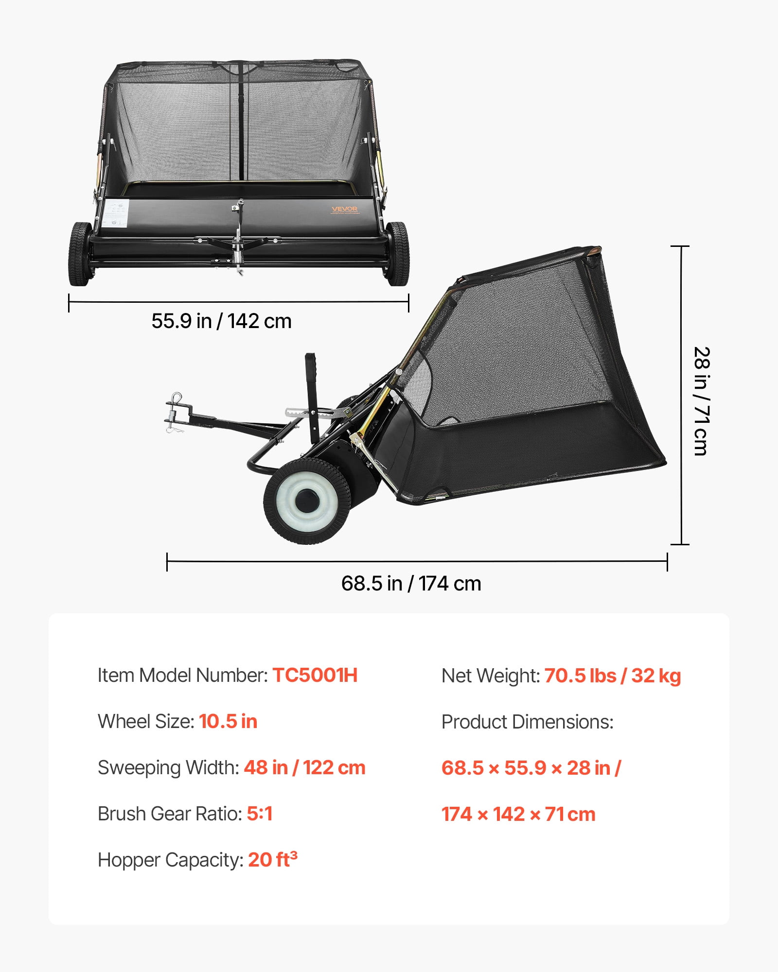 VEVOR Tow Behind Lawn Sweeper, 48 in Pull Behind Yard Sweeper, 26 Cu. ft Hopper Bag Capacity, Leaf & Grass Collector with Dumping Rope, Adjustable Sweeping Height, Garden Sweepers for Lawn Farm