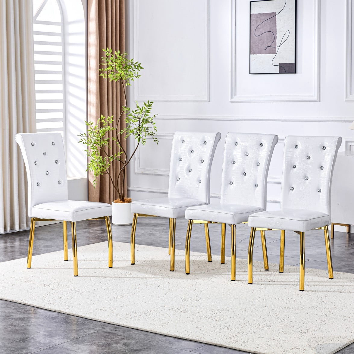 Set of 4 Retro Dining Chairs, Faux Alligator-Textured PVC Leather Upholstered Chairs with Crystal Button Details & Galvanized Metal Legs, 400 LBS, White & Gold