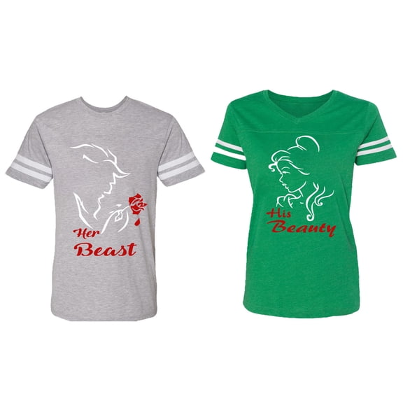 Her Beauty His Beast Matching Couple Cotton Jerseys (Men Heather / Women Green) (Men XXXL / Women XXL)