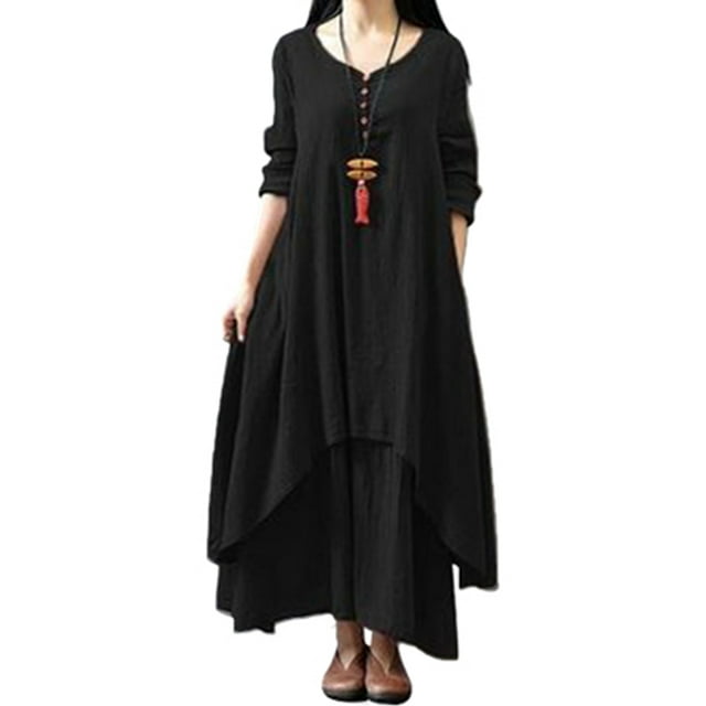 Oversize Vintage Kaftan Cotton Linen Maxi Dress For Lady Front Button Down Ruffle Tunic Dress For Women High Low Hem Pleated A Line Dress T Shirt Dress