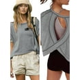 thumbnail image 3 of Women Short Sleeve Workout Shirts Open Back Tops Casual Yoga Y2k Athletic Gym Slouchy Crop Running Tees Grey XL, 3 of 7