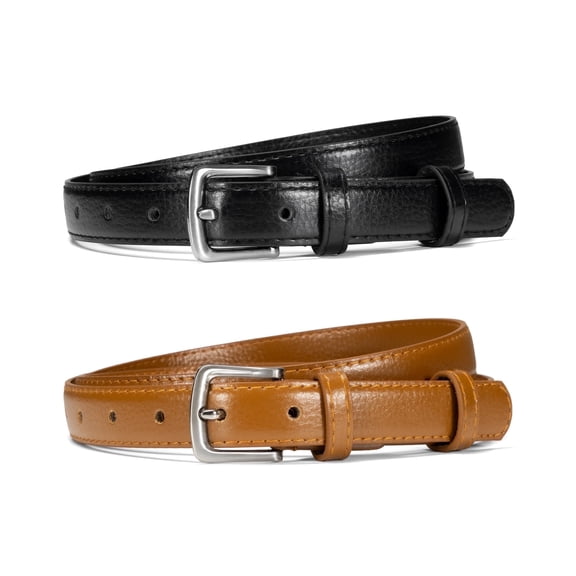Timarkment Women's Leather Belts, Skinny Solid Color, Pin Buckle, Black & Brown, 2-Pack