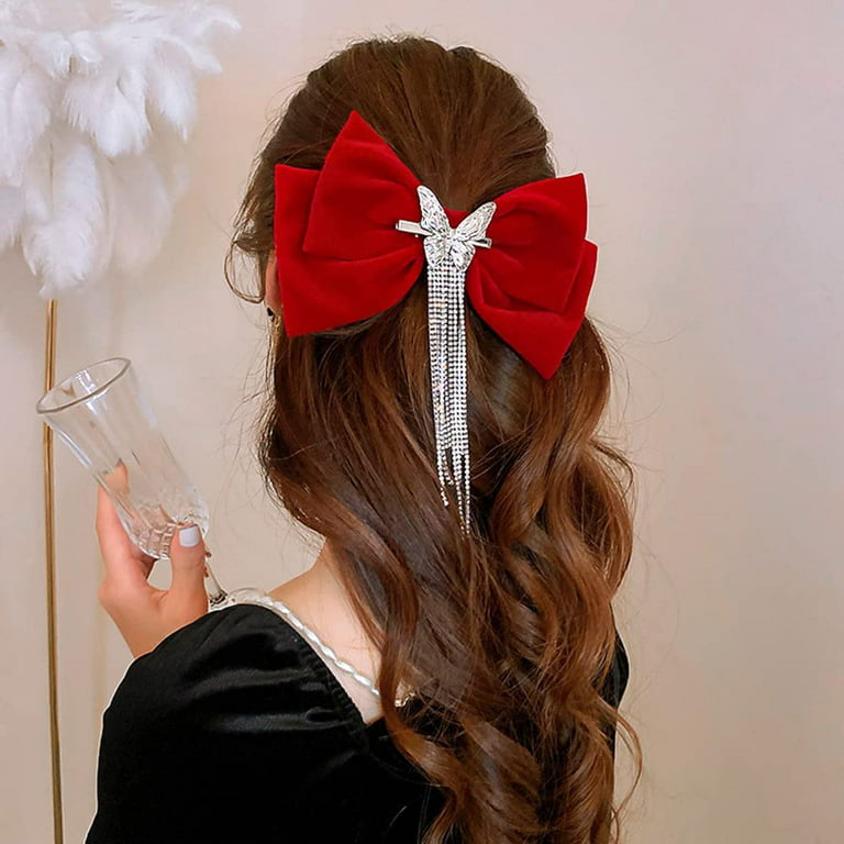 Southwit Large Bow Hair Clip Rhinestone Ponytail Hair Clip Silver Butterfly  Barrette Long Tassel Hairpin Fashion Hair Styling Accessories for Women  Girls（Red） 