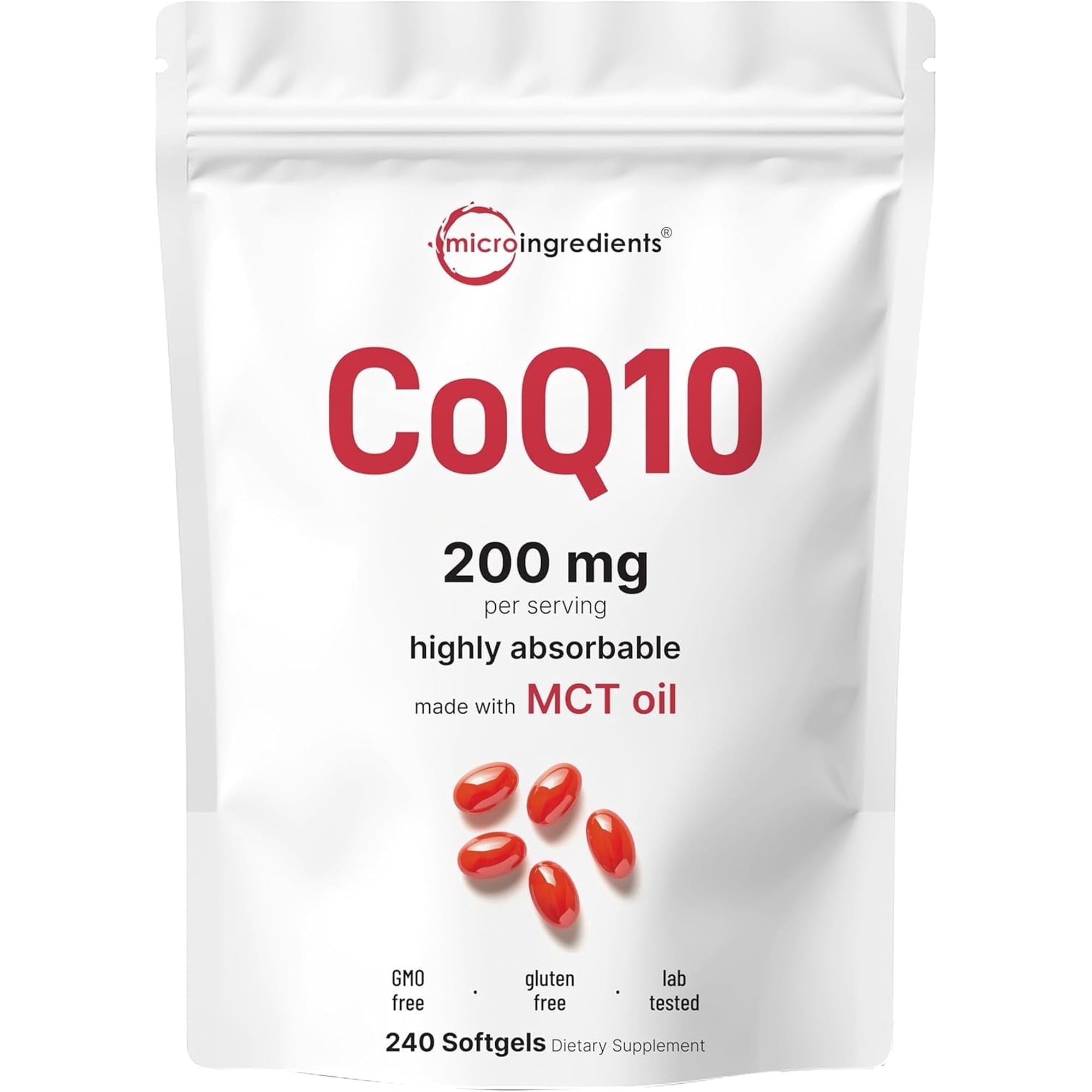 Micro Ingredients CoQ10 200mg Per Serving, 240 Coconut MCT Oil Softgels | Antioxidant Support for Heart & Energy Health | Non-GMO