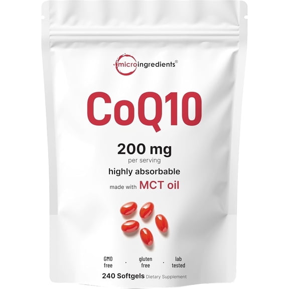 Micro Ingredients CoQ10 200mg Per Serving, 240 Coconut MCT Oil Softgels | Antioxidant Support for Heart & Energy Health | Non-GMO