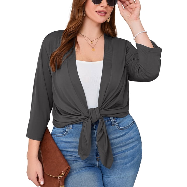 SHOWMALL Cardigans pour Femmes Grande Taille Légers à devant Ouvert Manches 3/4 Gris Foncé 3X Décontractés Doux Drapés Automne Été Court