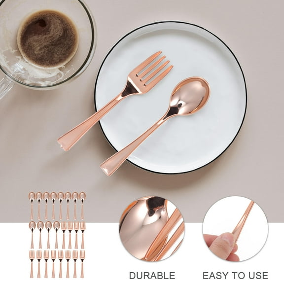 Supvox Rose Gold Disposable Plastic Cutlery for Parties with Smooth Mini Spoons and Forks, Material, Set of 20