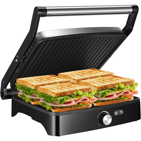 Yueqing Panini Press Grill, 4-Slice Sandwich Maker,1200W Nonstick Plates,180° Open, Drip Tray,Stainless Steel