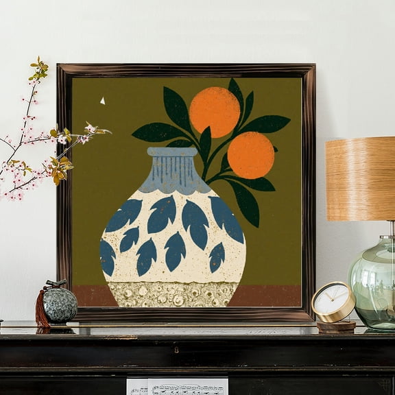 8x8 Inch Square Framed Wood Wall Art, Retro Mid Century Modern Still Life Painting with Orange Fruits and Vase, Decorative Wooden Panel for Living Room Home Decor 1pc