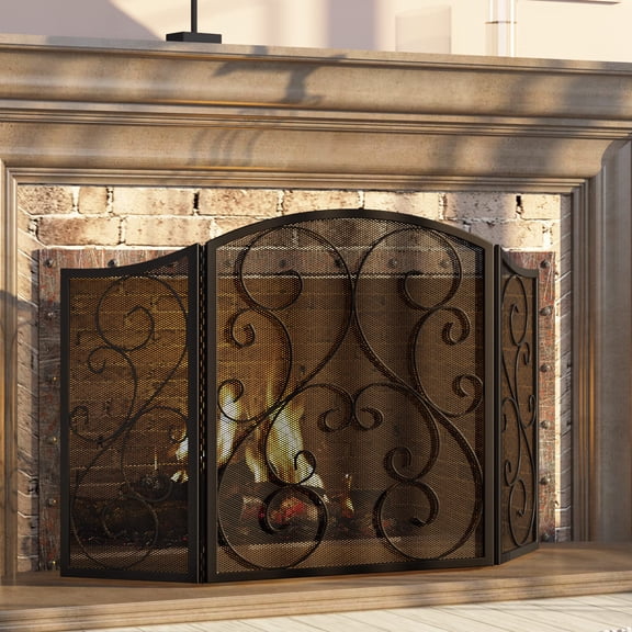Wrought Iron Fireplace Screen 3 Panel Folding Spark Guard 48x30 Inch