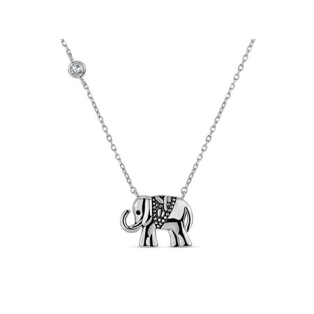 - Round White Cubic Zirconia Sterling Silver Oxidized Two Sided Elephant Necklace, 20