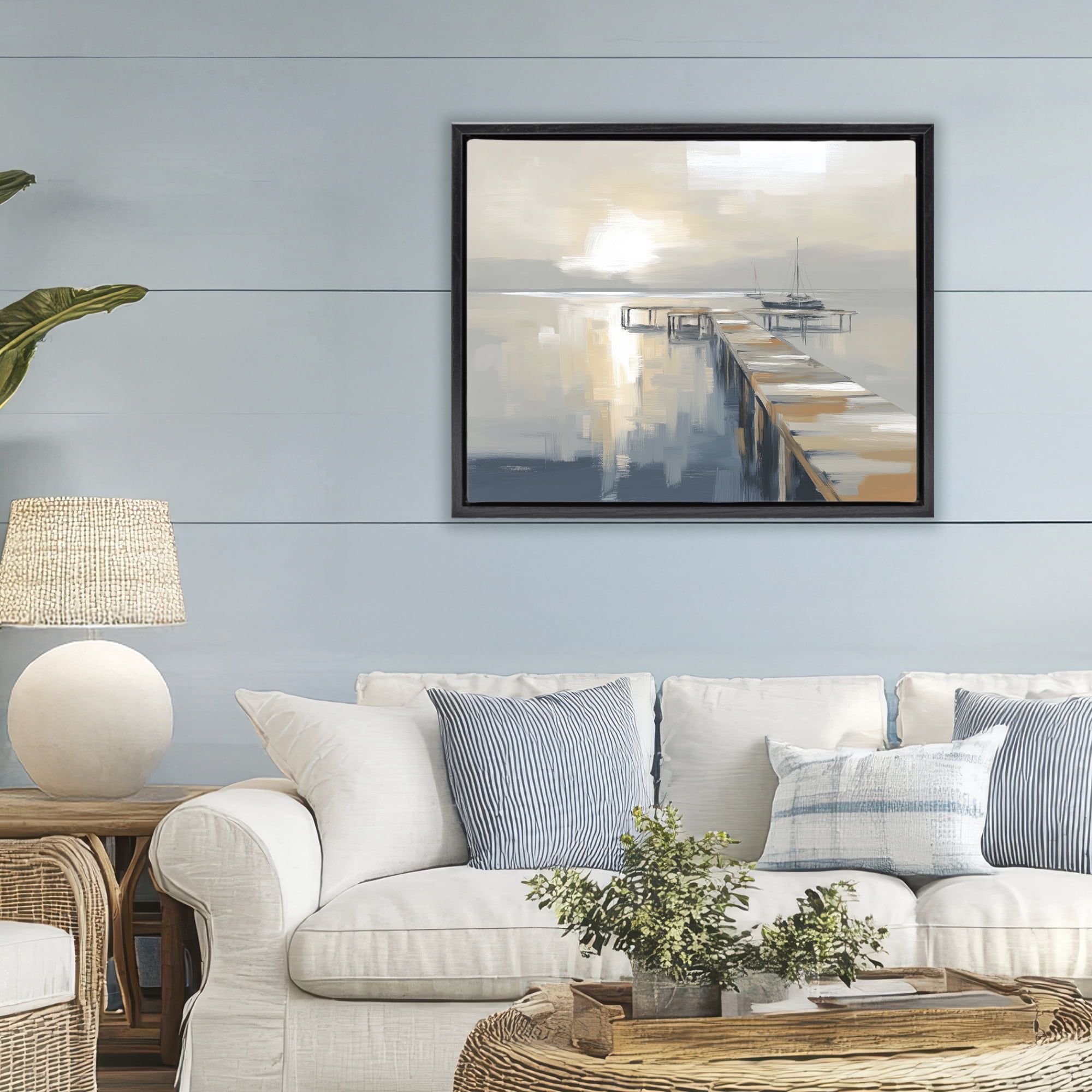 Stupell Industries Pier with Sailboat Seascape Black Framed Floater Canvas Wall Art, design by Kim Curinga