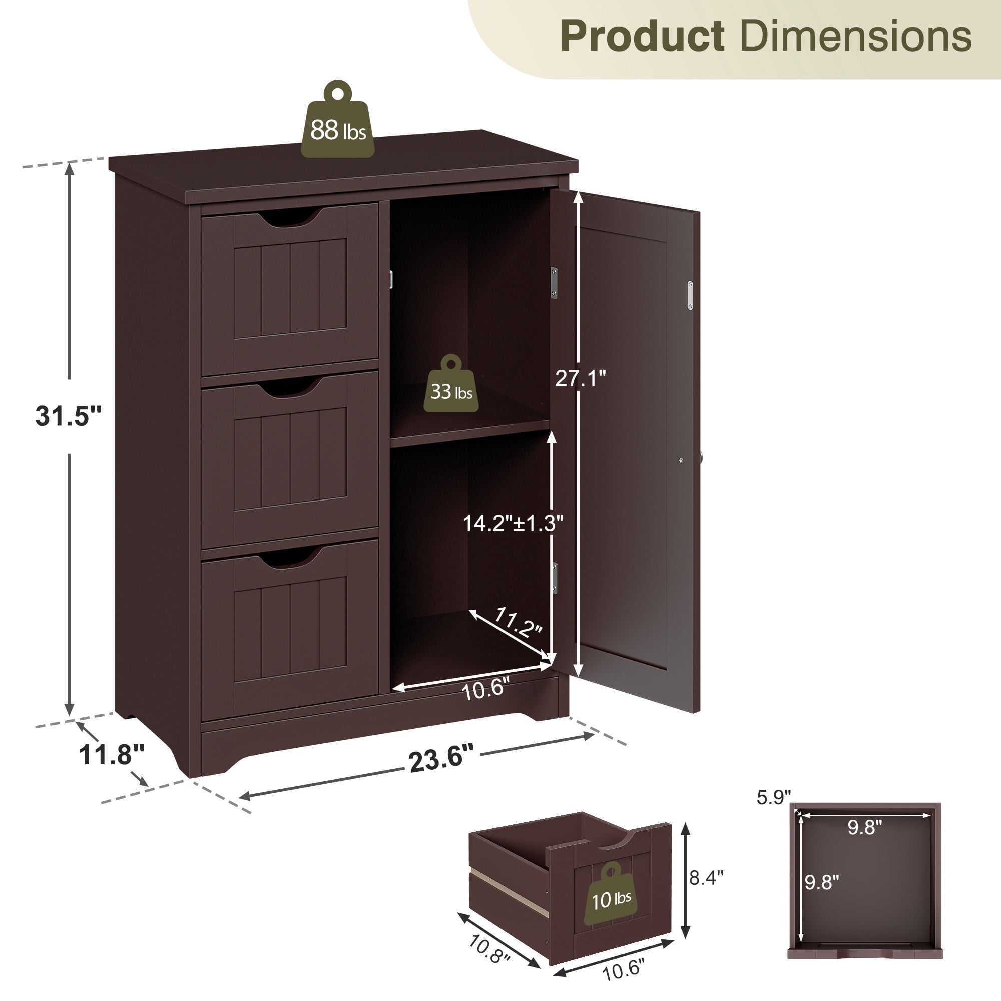 ZENSTYLE Bathroom Cabinet 3 Drawers Storage Organizer Floor Cupboard Home Decor Brown