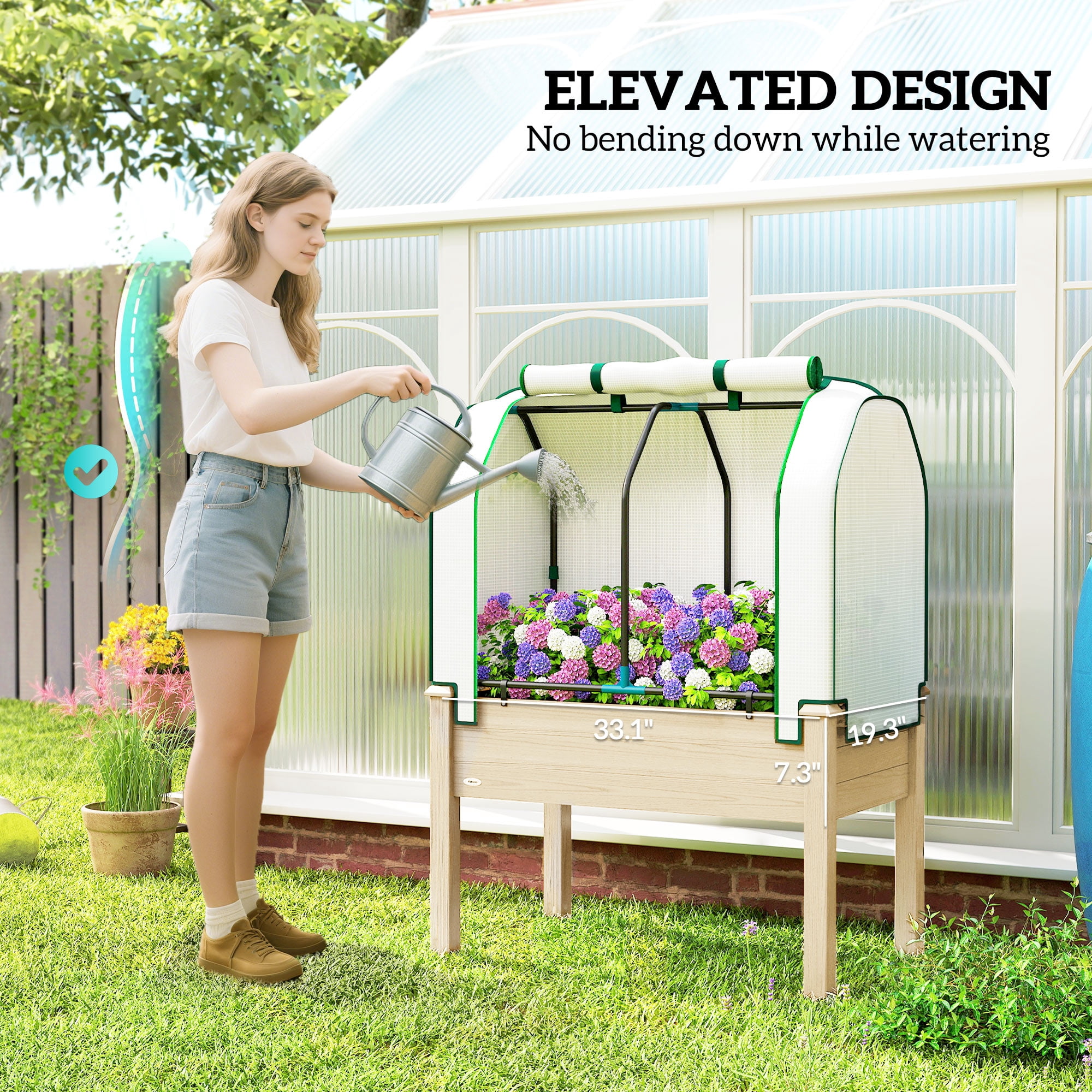 Outsunny Raised Garden Bed with PE Greenhouse Cover Outdoor Elevated Wood Planter Box for Herbs, Vegetables, for Patio, Backyard, Balcony, Natural