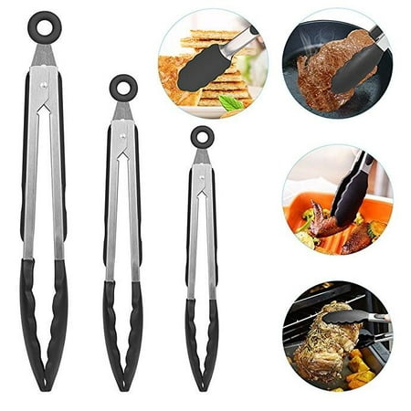 Set of 3 Silicone Barbeque Tongs Stainless Steel Kitchen Tongs, 7, 9, 12 in, BBQ Tongs with Tips and Locking Mechanism, BPA-Free Non-Toxic Dishwasher-Safe