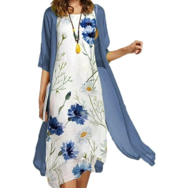 ICHUANYI Clearance Fashion Women Casual Floral Solid Round-Neck Sleeveless Dress Printing Coat Two-Piece Set(Blue, XXL) ICHUANYI WER2023080808185