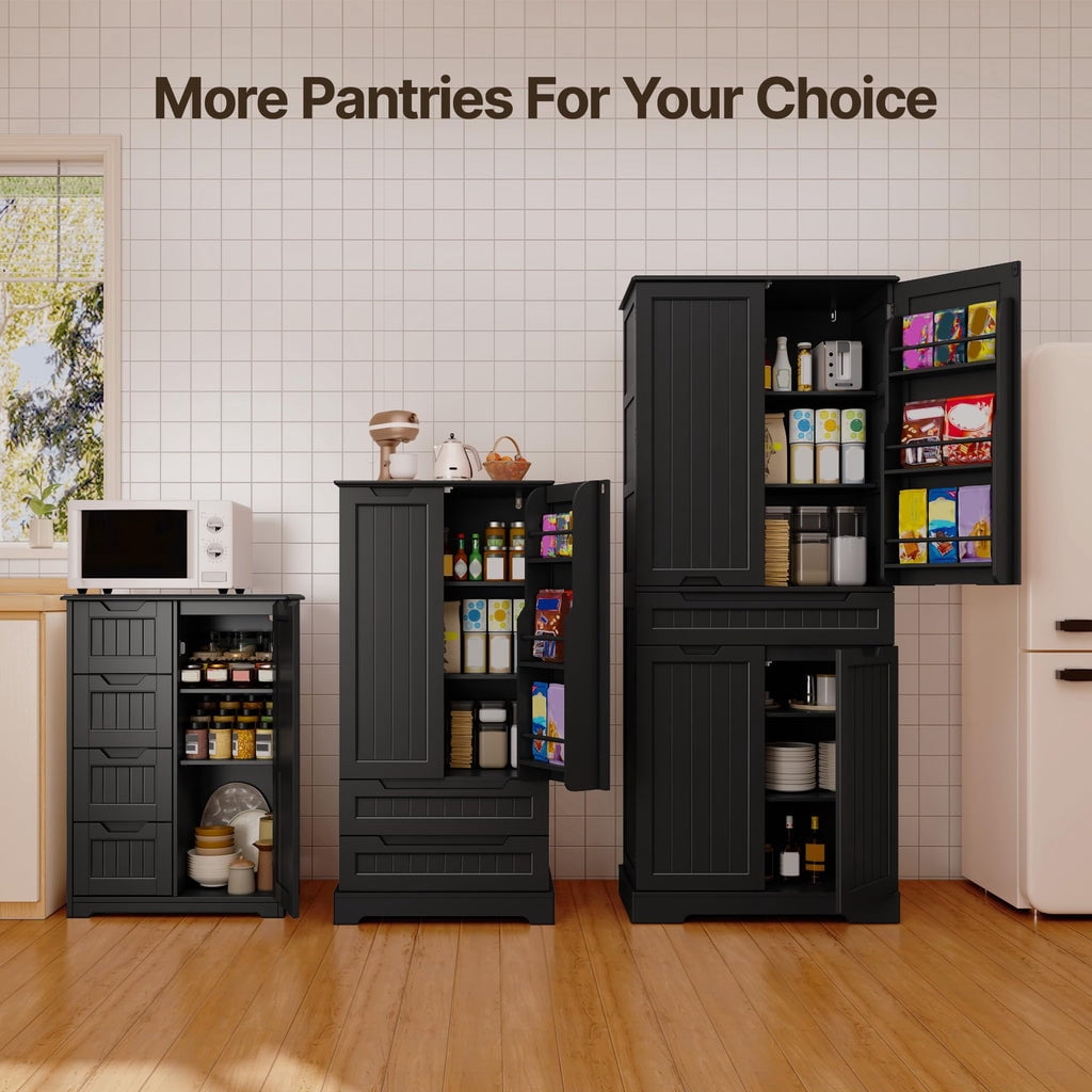Aiho Wooden Kitchen Pantry Cabinet, 31.5"L Kitchen Storage Cabinets with 4 Drawers, 1 Door and Adjustable Shelves, For Kicchen, Dining Room, Livingroom, Bathroom - BLack