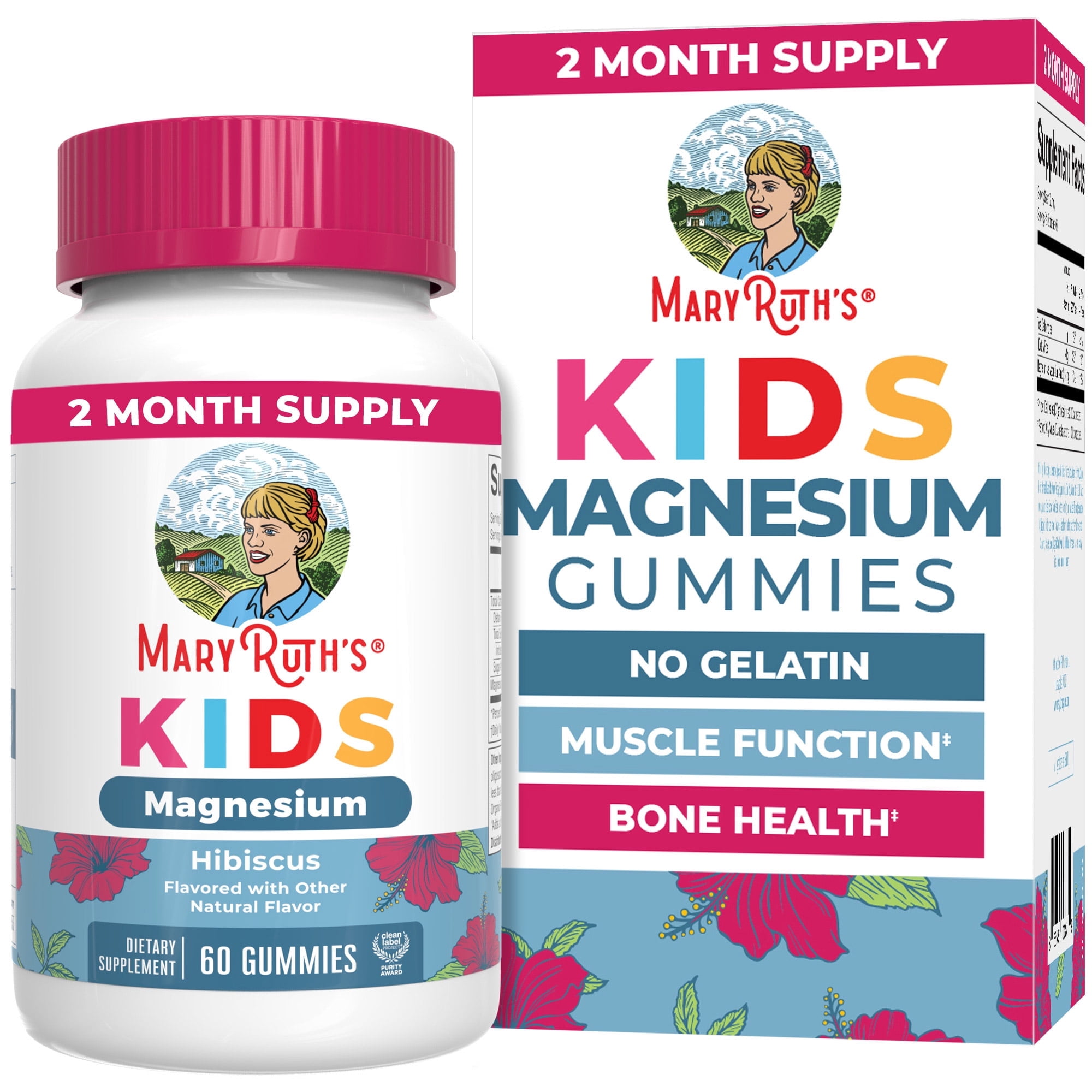 MaryRuth's Magnesium Calm Gummies for Kids Ages 4+, Muscle Support, Bone Health, Vegan, Gluten-Free, Hibiscus Flavor, 60 Count
