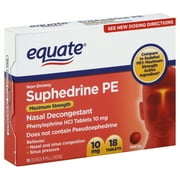 Equate Maximum Strength Nasal Decongestant PE, Phenylephrine HCl, 10 mg Tablets, 18 Count