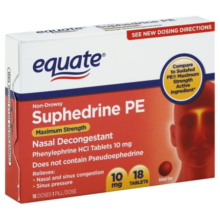 Equate Maximum Strength Nasal Decongestant PE, Phenylephrine HCl, 10 mg Tablets, 18 Count