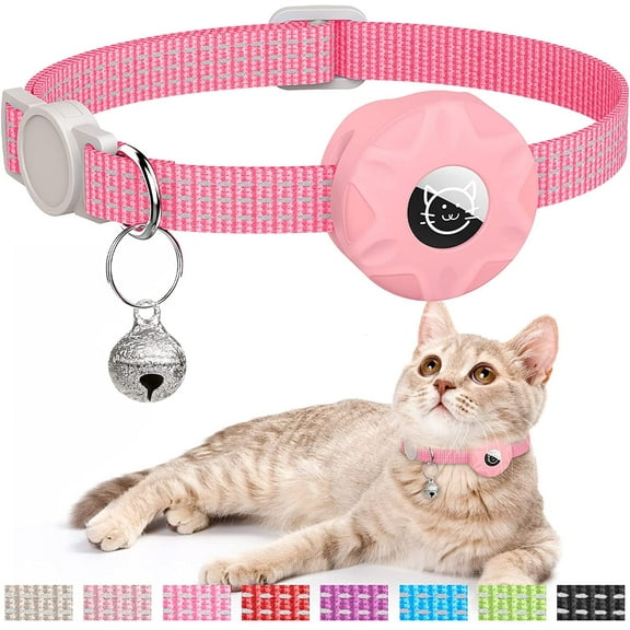 AirTag Cat Collar, Reflective Kitten Collar Breakaway Apple Air Tag Cat Collar, GPS Cat Collar with AirTag Holder and Bell, Lightweight Tracker Cat Collars for Girl Boy Cats Kittens Puppies(Pink)